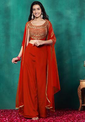 Orange Mesh Jacket Set With Sequin Dori Hand Embroidered Blouse And Palazzo