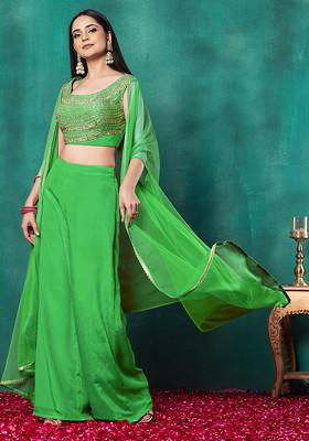 Green Mesh Jacket Set With Sequin Dori Hand Embroidered Blouse And Palazzo