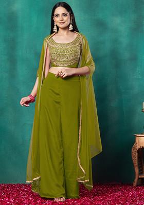 Olive Green Mesh Jacket Set With Sequin Dori Hand Embroidered Blouse And Palazzo