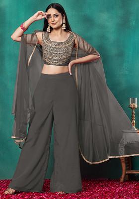 Charcoal Black Mesh Jacket Set With Sequin Dori Hand Embroidered Blouse And Palazzo