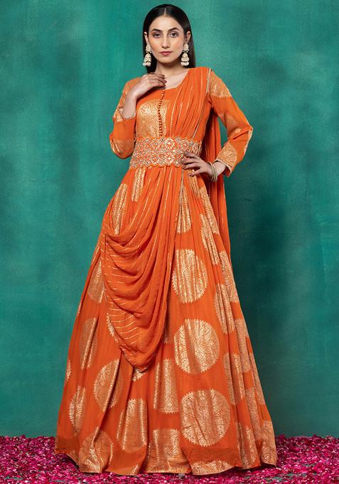 Orange Paisley Print Brocade Anarkali With Attached Dupatta And Embellished Belt
