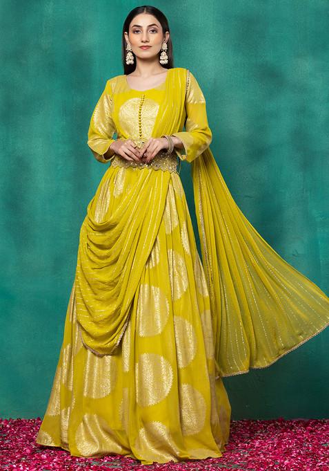Lime Green Paisley Print Brocade Anarkali With Attached Dupatta And Embellished Belt