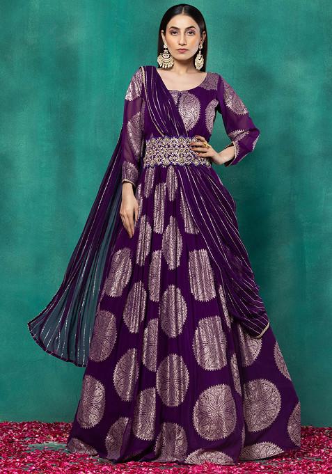 Purple Paisley Print Brocade Anarkali With Attached Dupatta And Embellished Belt