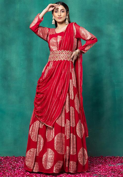 Red Paisley Print Brocade Anarkali With Attached Dupatta And Embellished Belt