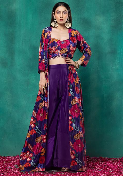 Purple Sharara Set With Floral Print Embellished Blouse And Jacket
