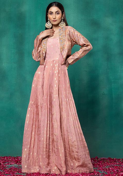 Peach Printed Brocade Anarkali With Embroidered Short Jacket