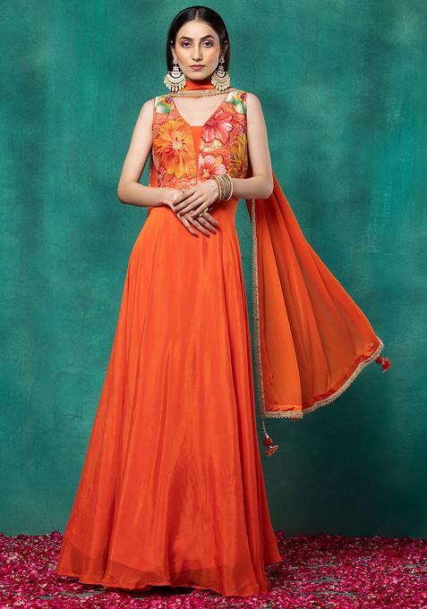 Orange Floral Print Sequin Embroidered Anarkali With Dupatta