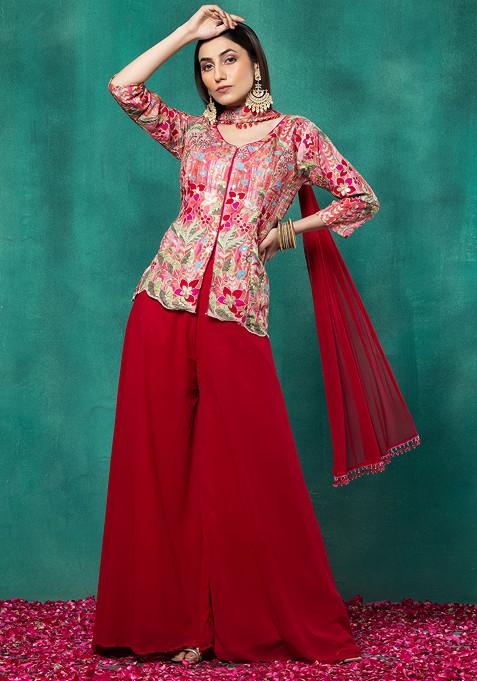 Hot Pink Floral Sequin Embellished Short Kurta Set With Palazzo And Dupatta