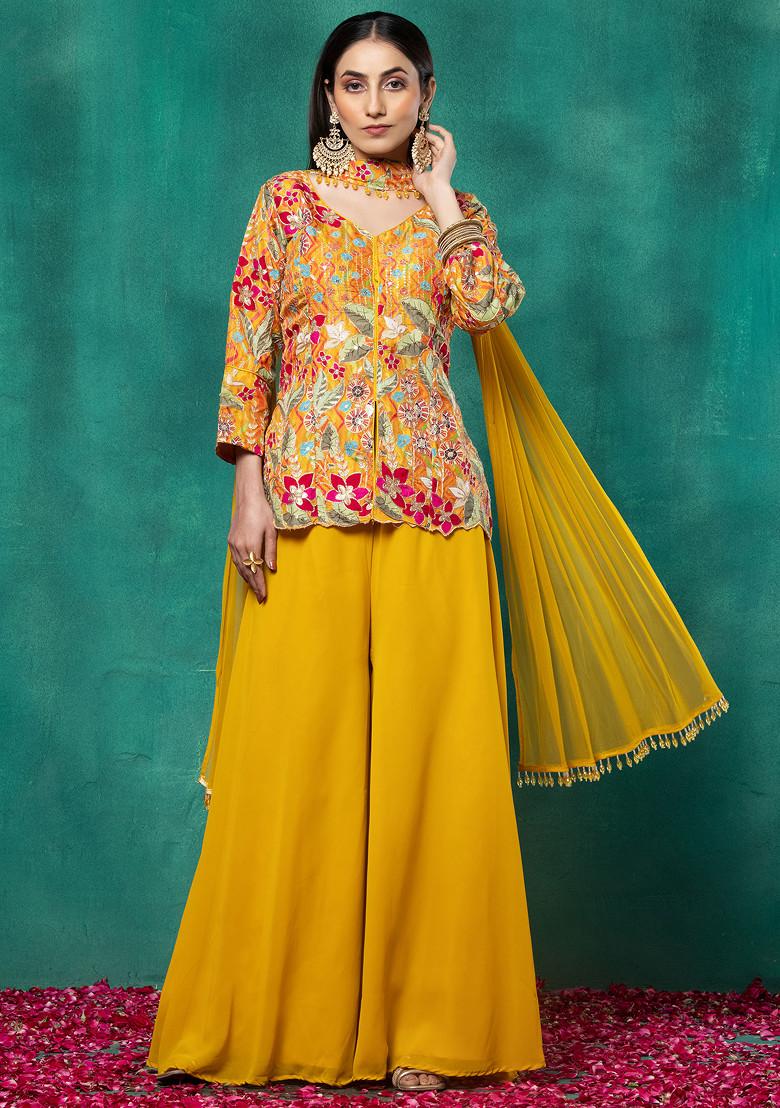 Kurta With Trousers For Women - Yellow & buy Blue Floral Printed Kurta With Trousers - Kurta Palazzo Set - Indian Dress Women - Indian Tunic Top