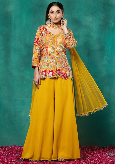 Yellow Floral Sequin Embellished Short Kurta Set With Palazzo And Dupatta