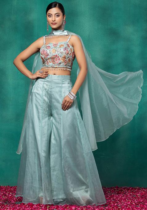 Sea Green Organza Palazzo Set With Floral Hand Embroidered Blouse And Dupatta