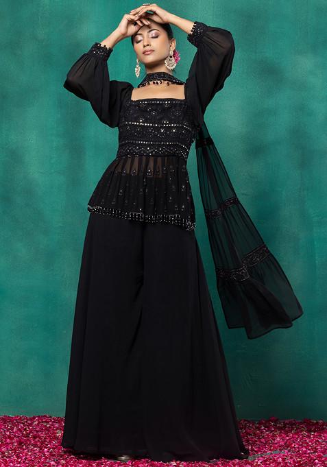 Black Floral Sequin Embroidered Short Kurta Set With Palazzo And Dupatta