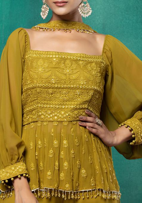 Women Floral embroidered sea-green v_neck chinon Kurta set With Trouser & Dupatta