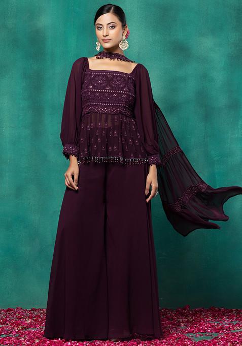 Deep Purple Floral Sequin Embroidered Short Kurta Set With Palazzo And Dupatta