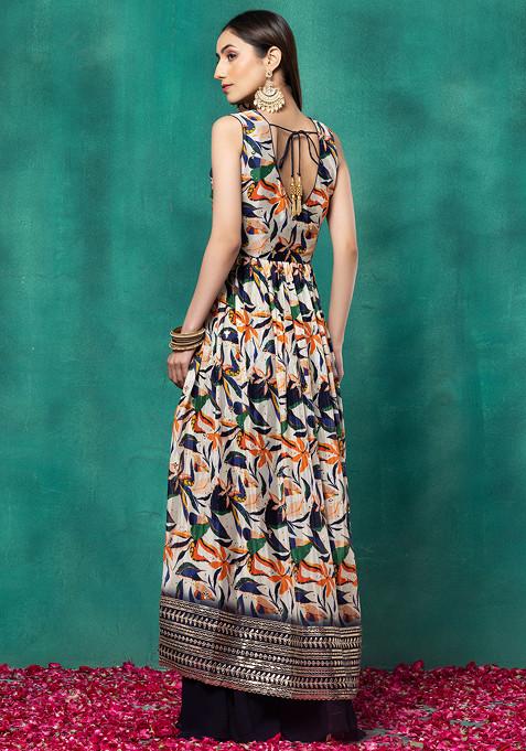 Buy Women Multicolour Floral Print Kurta Set With Blue Palazzo And ...