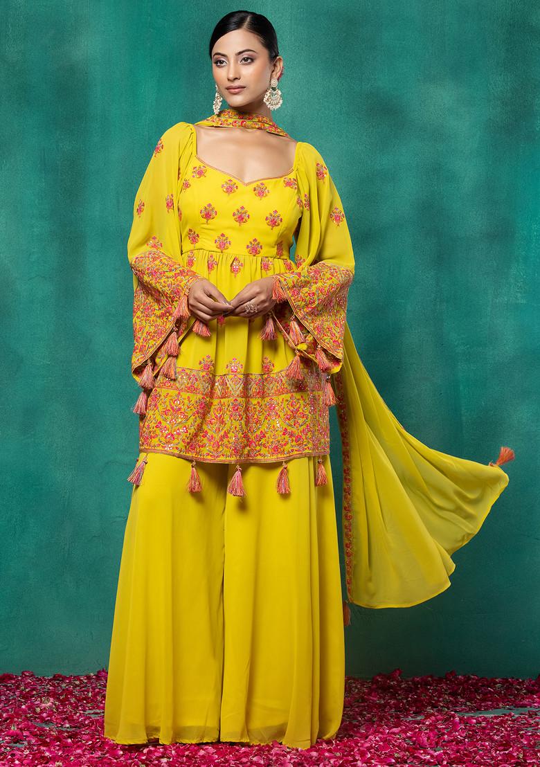 Yellow Floral Printed Kurta Set with Dupatta Lace Detailing for Women main image 1