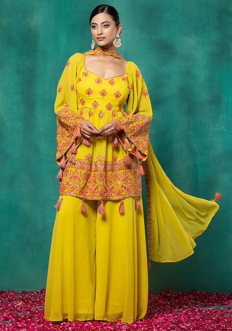 Yellow Floral Embroidered Short Kurta Set With Palazzo And Dupatta
