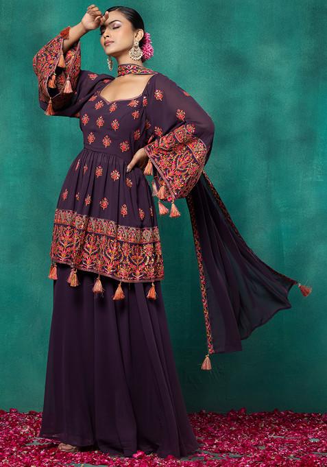 Purple Floral Embroidered Short Kurta Set With Palazzo And Dupatta