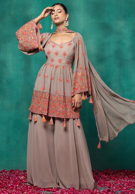 Beige Floral Embroidered Short Kurta Set With Palazzo And Dupatta