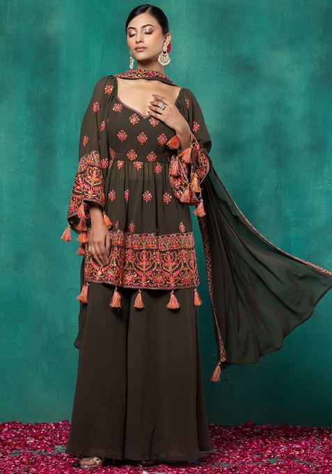 Olive Green Floral Embroidered Short Kurta Set With Palazzo And Dupatta