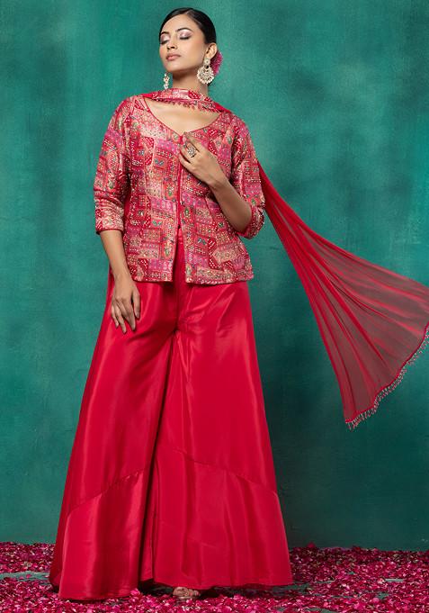 Pink Sharara Set With Paisley Sequin Embellished Short Kurta And Dupatta