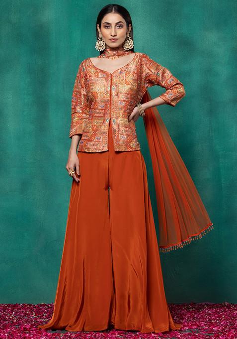 Orange Sharara Set With Paisley Sequin Embellished Short Kurta And Dupatta