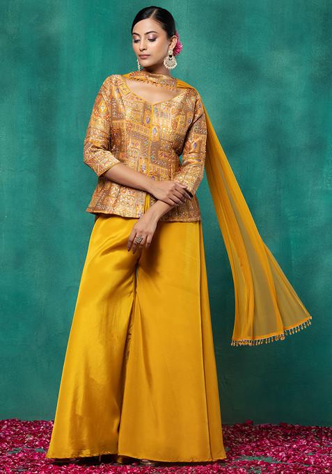Yellow Sharara Set With Paisley Sequin Embellished Short Kurta And Dupatta