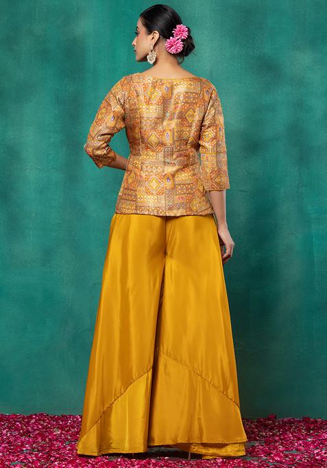 Women'S Yellow Cotton Anarkali Kurta Sharara Set With Dupatta