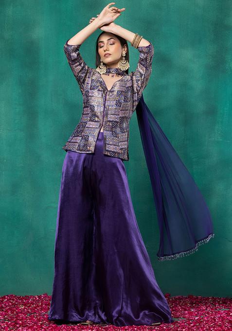 Indigo Blue Sharara Set With Paisley Sequin Embellished Short Kurta And Dupatta