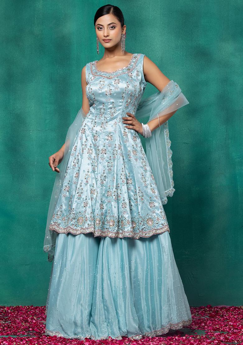 Aqua Blue Lehenga Set With Sequin Embellished Kurta And Dupatta - Indya