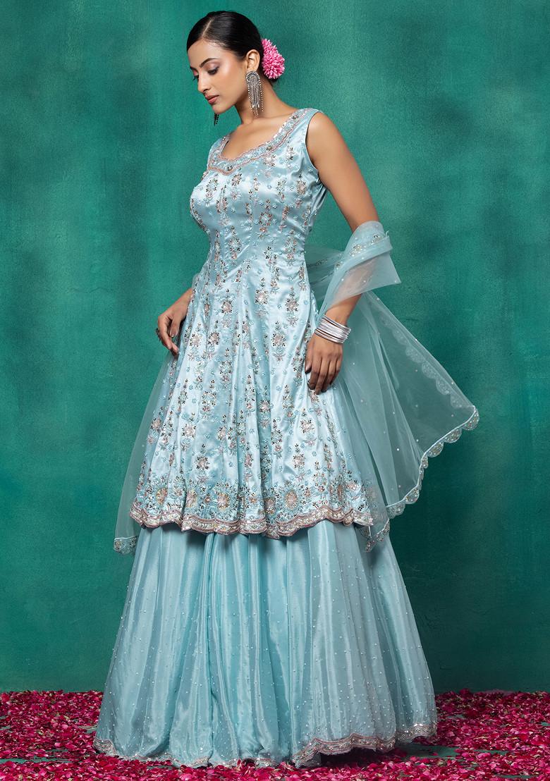 Aqua Blue Lehenga Set With Sequin Embellished Kurta And Dupatta - Indya