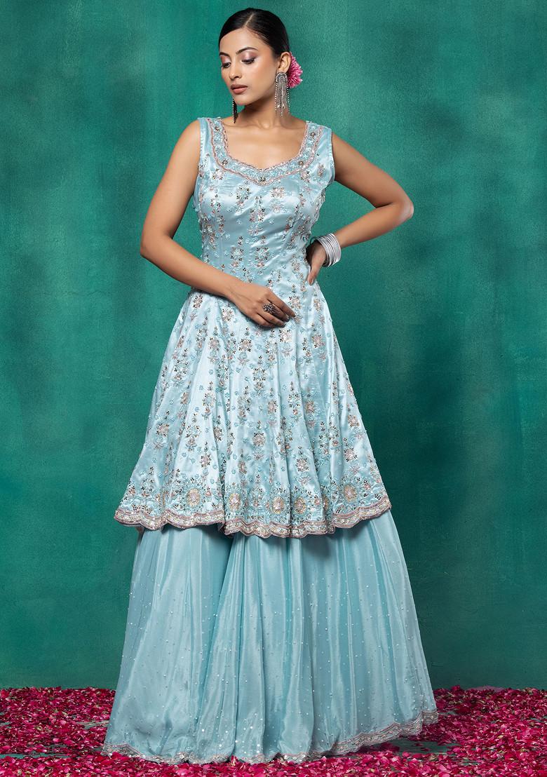Aqua Blue Lehenga Set With Sequin Embellished Kurta And Dupatta - Indya