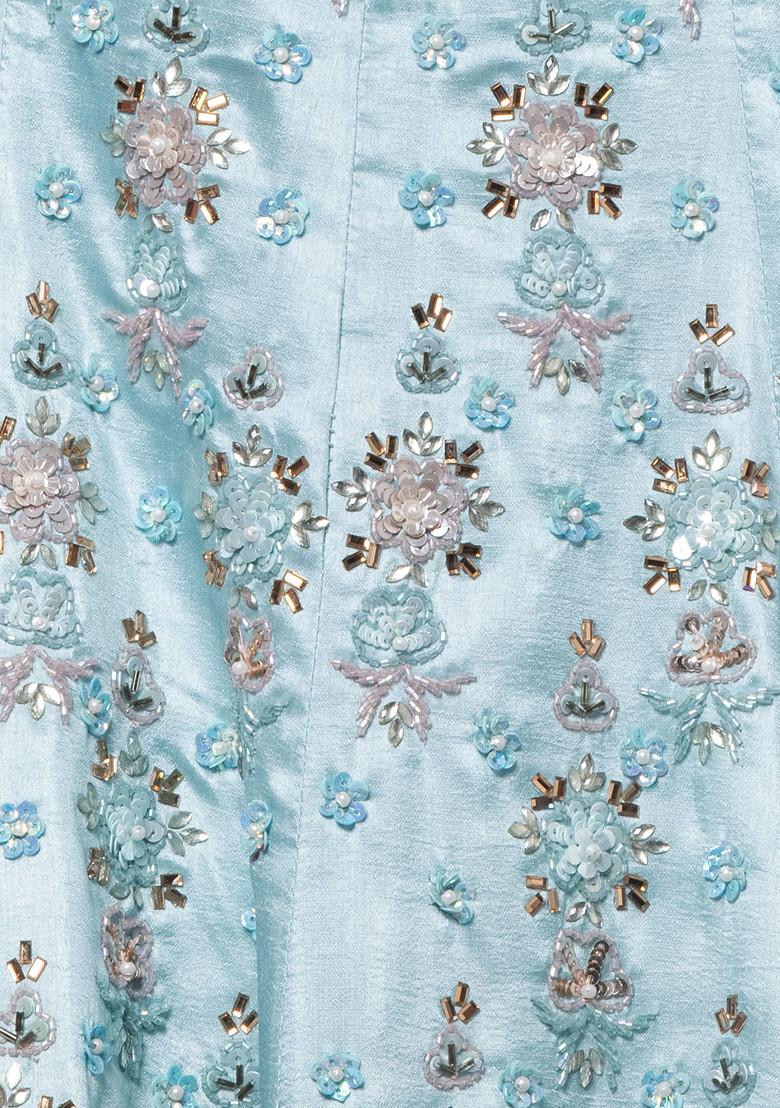 Aqua Blue Lehenga Set With Sequin Embellished Kurta And Dupatta - Indya