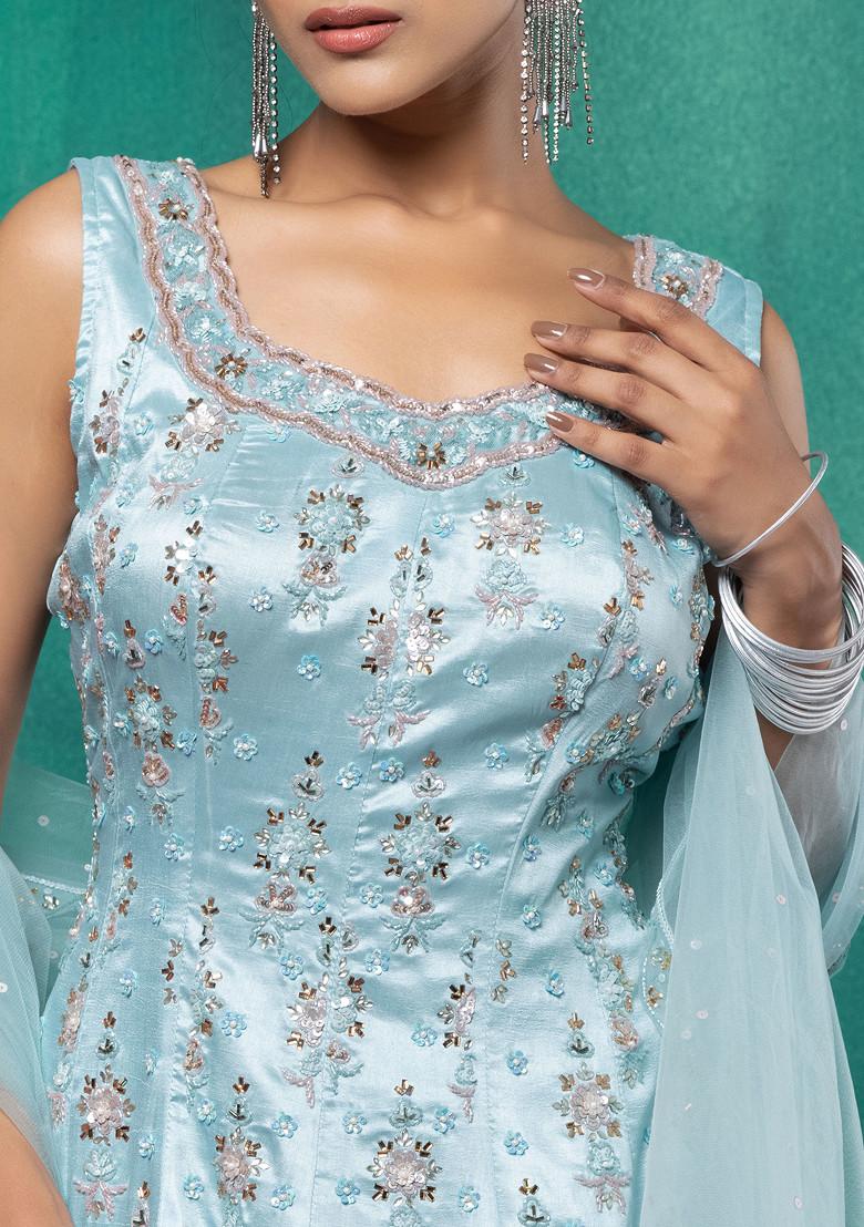 Aqua Blue Lehenga Set With Sequin Embellished Kurta And Dupatta - Indya