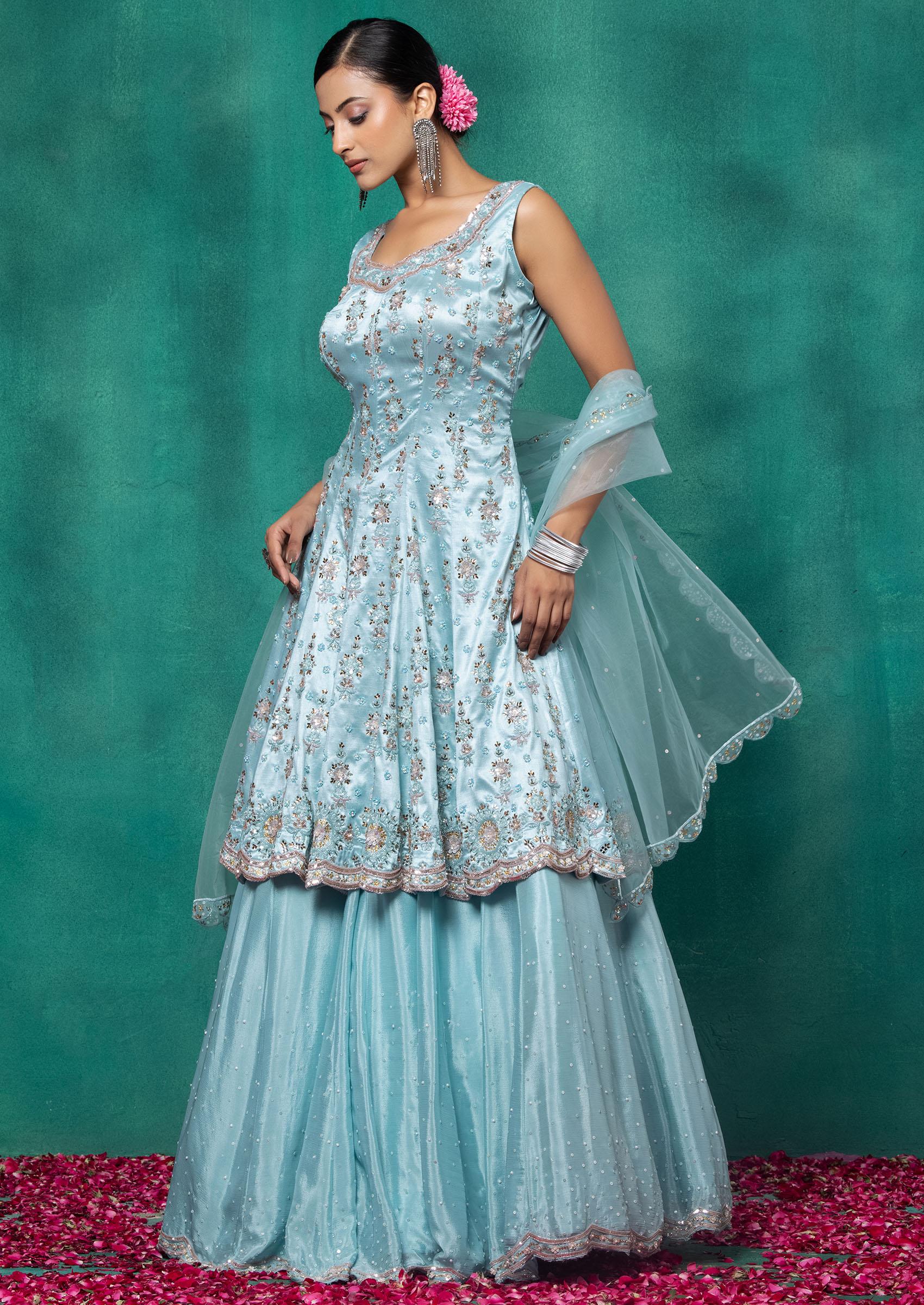 Aqua Blue Lehenga Set With Sequin Embellished Kurta And Dupatta - Indya