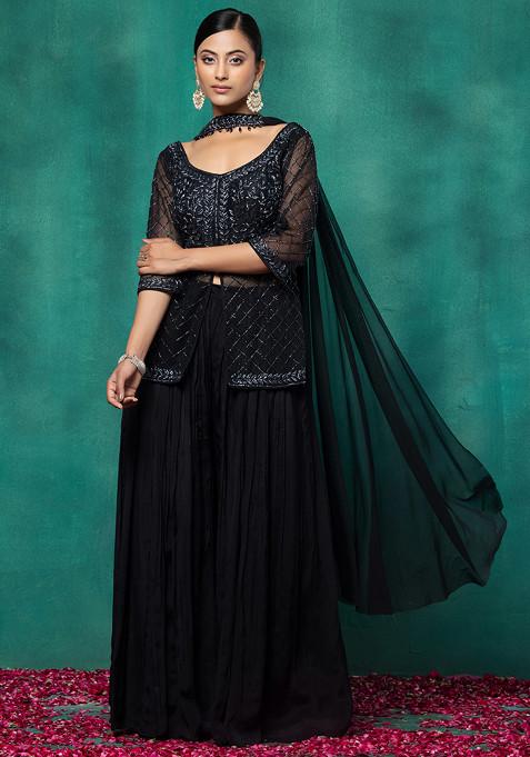 Black Embellished Mesh Short Kurta Set With Palazzo And Choker Dupatta