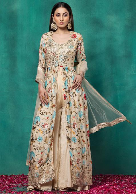 Beige Floral Print Embroidered Kurta Set With Palazzo And Dupatta