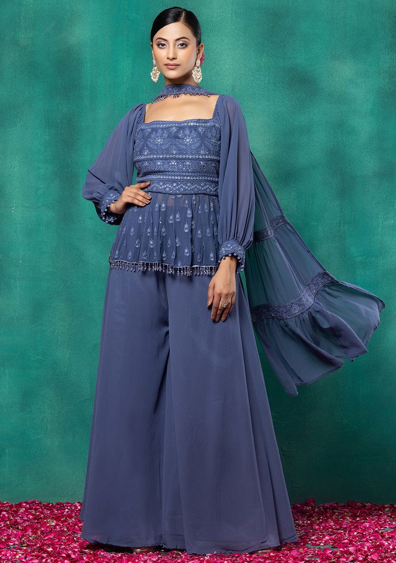 Buy Women Blue Floral Sequin Embroidered Short Kurta Set With Palazzo And Dupatta Fusion Style Sets Indya