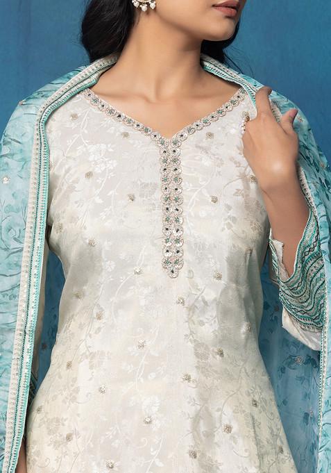 Buy Women Beige Sharara Set With Sequin Zari Embellished Kurta And