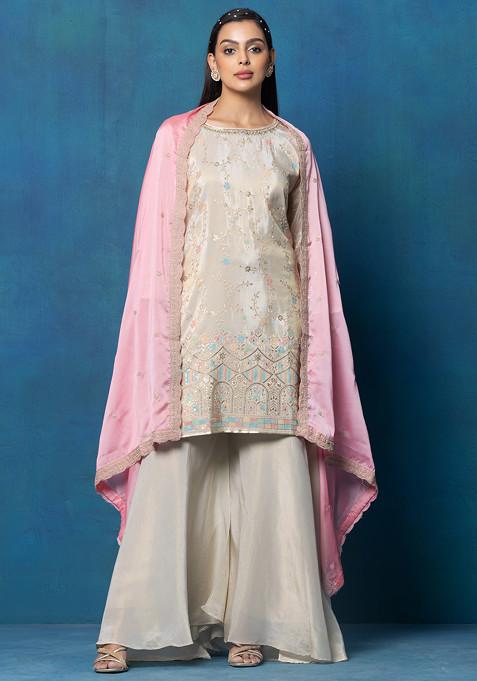 Beige Sharara Set With Sequin Zari Embellished Kurta And Peach Dupatta