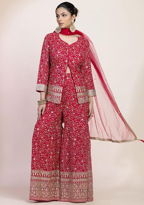 Pink Multicolour Zari Embroidered Sharara Set With Embellished Short Kurta And Dupatta