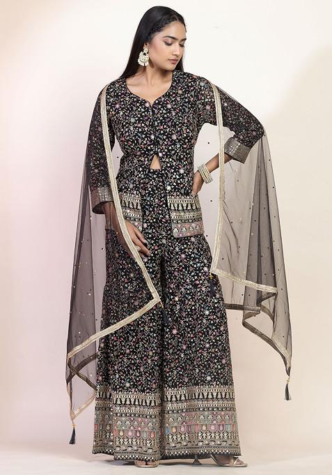 Black Multicolour Zari Embroidered Sharara Set With Embellished Short Kurta And Dupatta