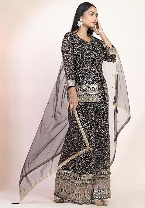 Black Kurti With Printed Sharara Women Indo Western Women Co-Ord Sets