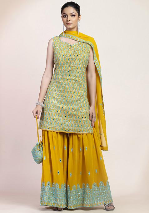 Yellow Dori Work Sharara Set With Mirror Embellished Kurta And Dupatta