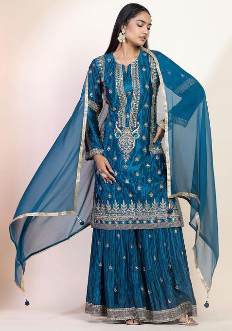 Teal Blue Embellished Sharara Set With Thread Zari Embroidered Kurta And Dupatta
