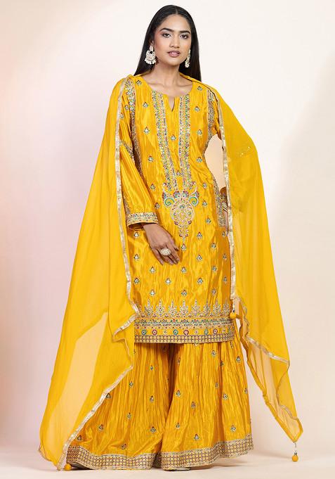 Mustard Embellished Sharara Set With Thread Zari Embroidered Kurta And Dupatta