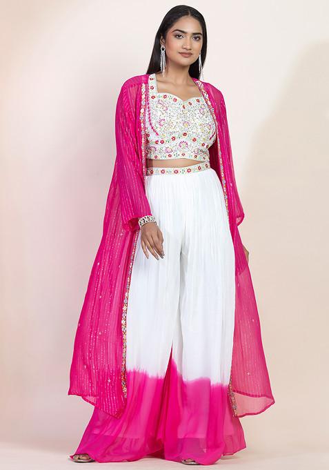 White And Pink Palazzo Set With Sequin Embellished Blouse And Lurex Jacket