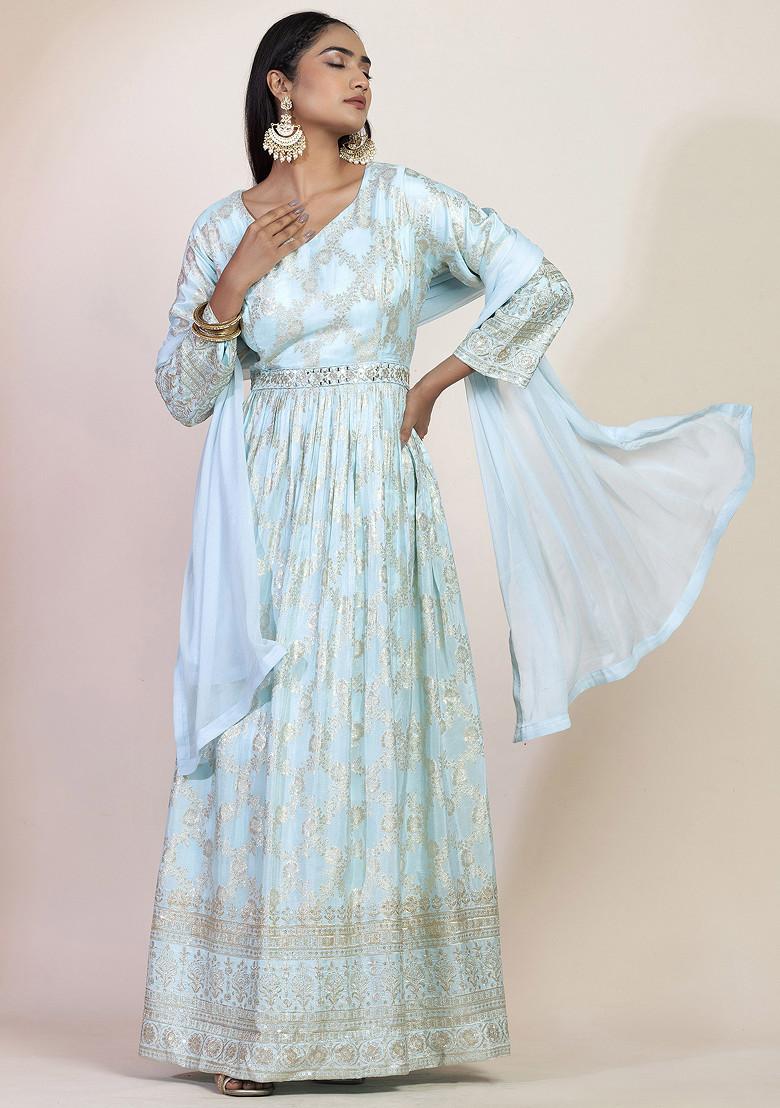Elegant Teal Blue Embroidered Anarkali with Pastel Dupatta main image 1