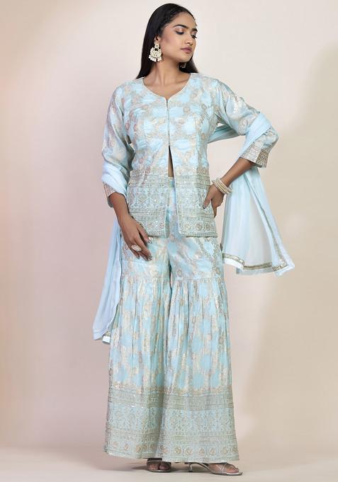 Pastel Blue Zari Embroidered Brocade Sharara Set With Short Kurta And Dupatta
