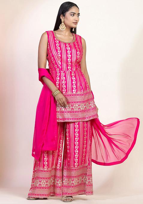 Hot Pink Zari Embroidered Brocade Sharara Set With Short Kurta And Dupatta